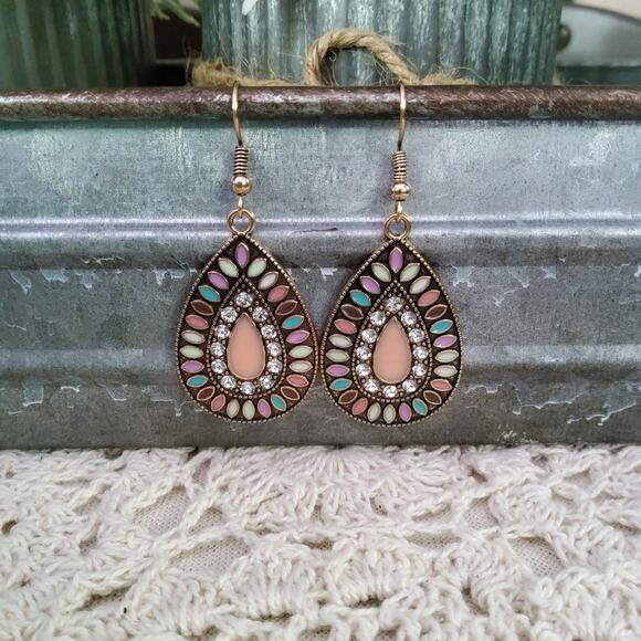 Rhinestone Multicolor Gold Tone Teardrop Dangle Earrings - Picture 1 of 10